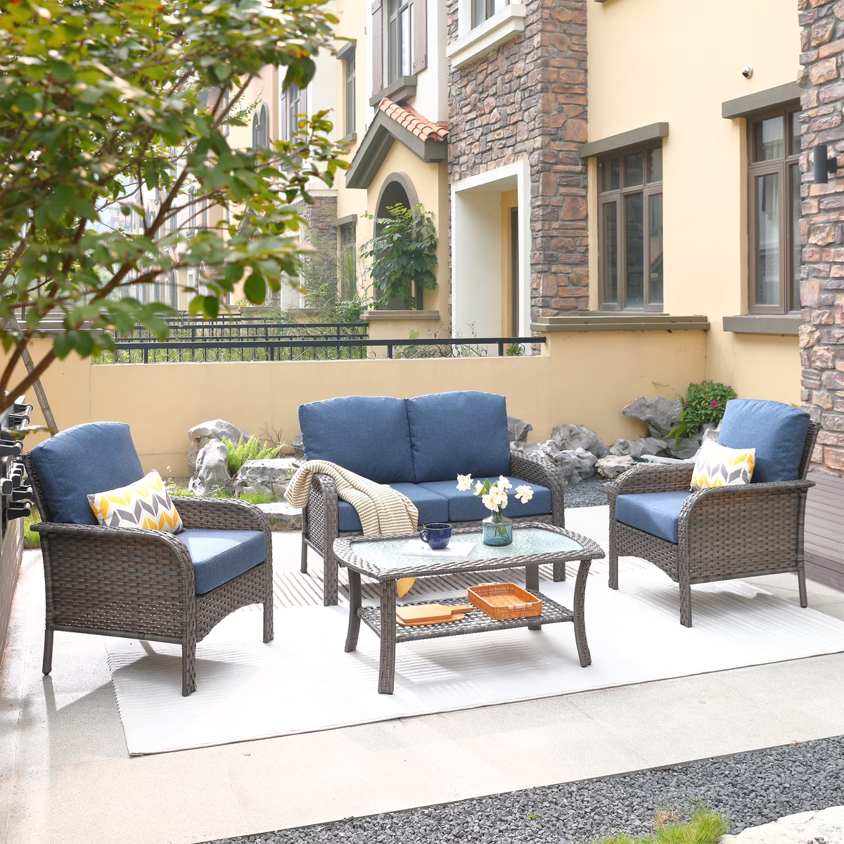 XIZZI 4 Pieces Wicker Patio Furniture All Weather Outdoor Conversation Set with Cushions High Back