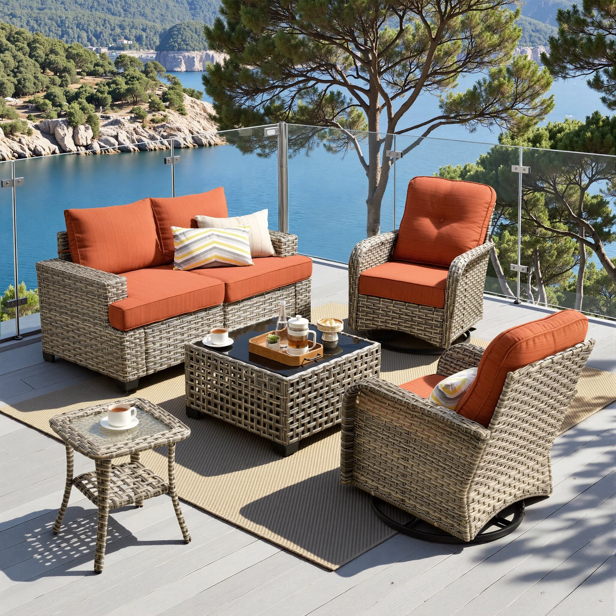 XIZZI Outdoor Patio Furniture Sets, 6 Pieces Outdoor Sectional wicker patio furniture with Coffee Table and Swivel Chairs, All-Weather Conversation set for Porch, Orange Red