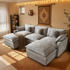 XIZZI 107.9" Modular Sectional Sofa Couch with Double Ottomans, Deep Seat Boneless Cloud Couch with Chenille Fabric, Dual Thick Cushions and Solid Wood Frame for Living Room-Dark Gray