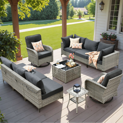 XIZZI 10 Pieces Wicker Patio Furniture with Swivel Rocking Chair Rattan Outdoor Conversation Set Black