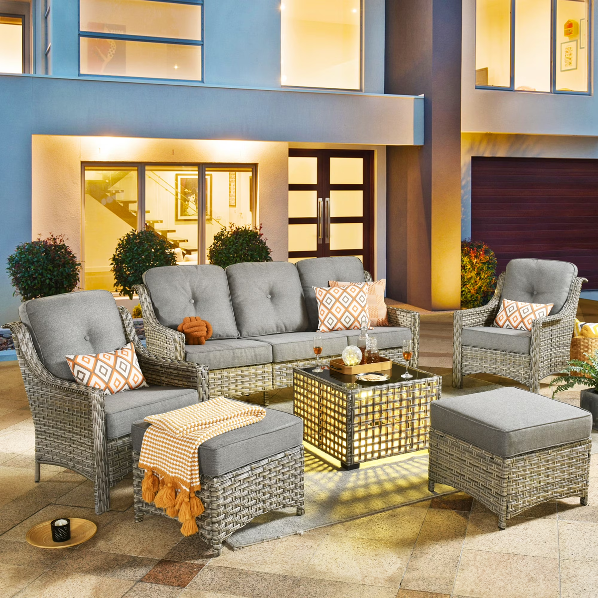 XIZZI 6 Pieces Outdoor Patio Rattan Wicker Furniture Sofa Set with Solar Coffee Table,Dark Grey