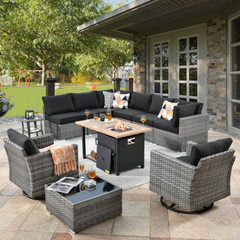 XIZZI Outdoor Furniture Wicker 11-piece Sectional Set with Swivel Rocking Chair and Fire Pit Table,Black