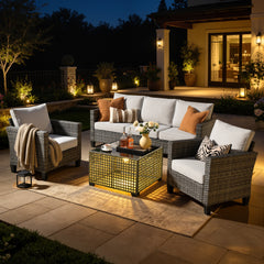 XIZZI Outdoor Patio Furniture Sets with Solar Coffee Table, All-Weather Wicker Rattan Outdoor Furniture Conversation Set for Porch, Patio, Backyard-Light Gray