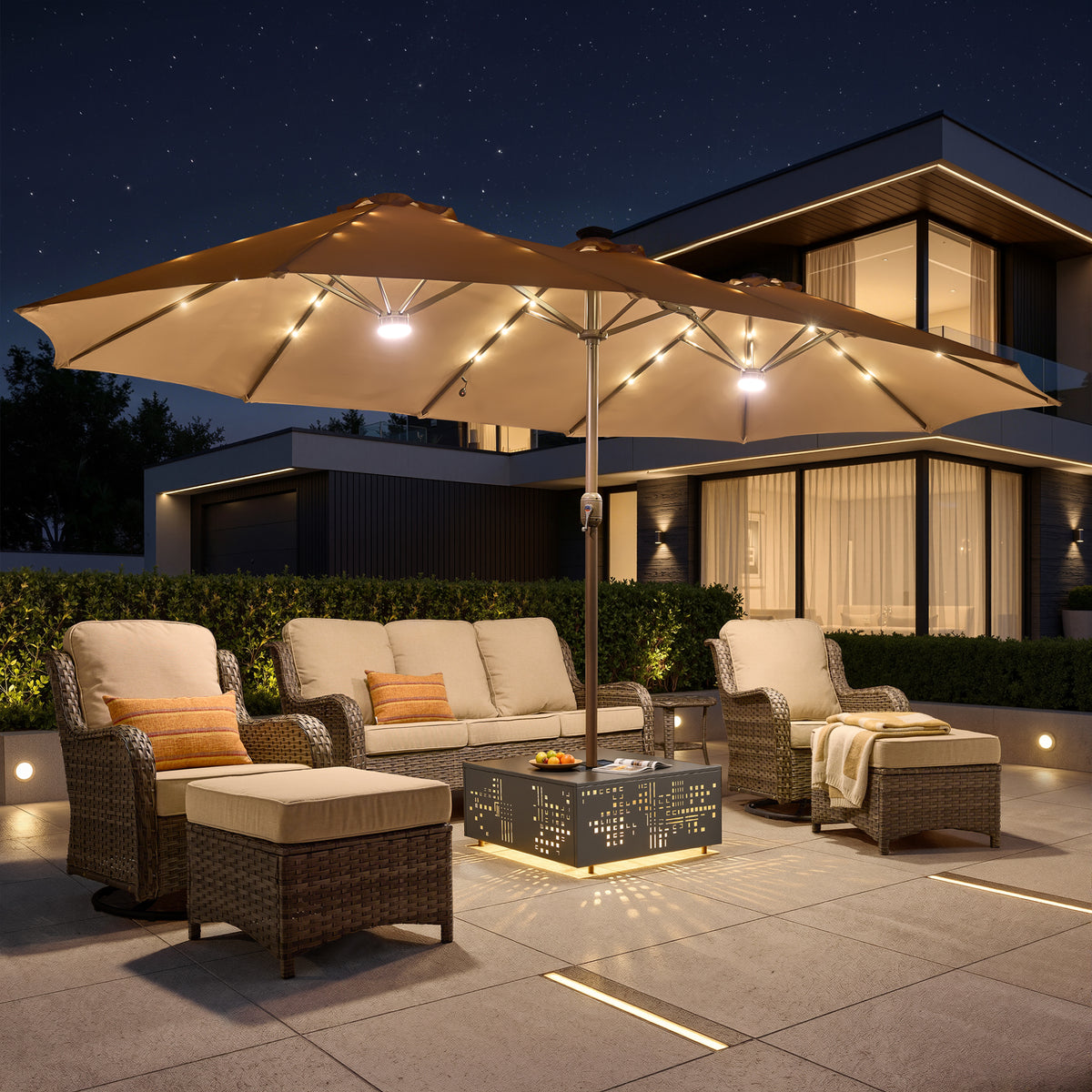 XIZZI 15ft Patio Umbrella with Base and Crank Handle, Extra Large Double-Sided Outdoor Umbrella with Warm Solar Lights, UV Resistant, Rectangle Garden Table Umbrellas Khaki