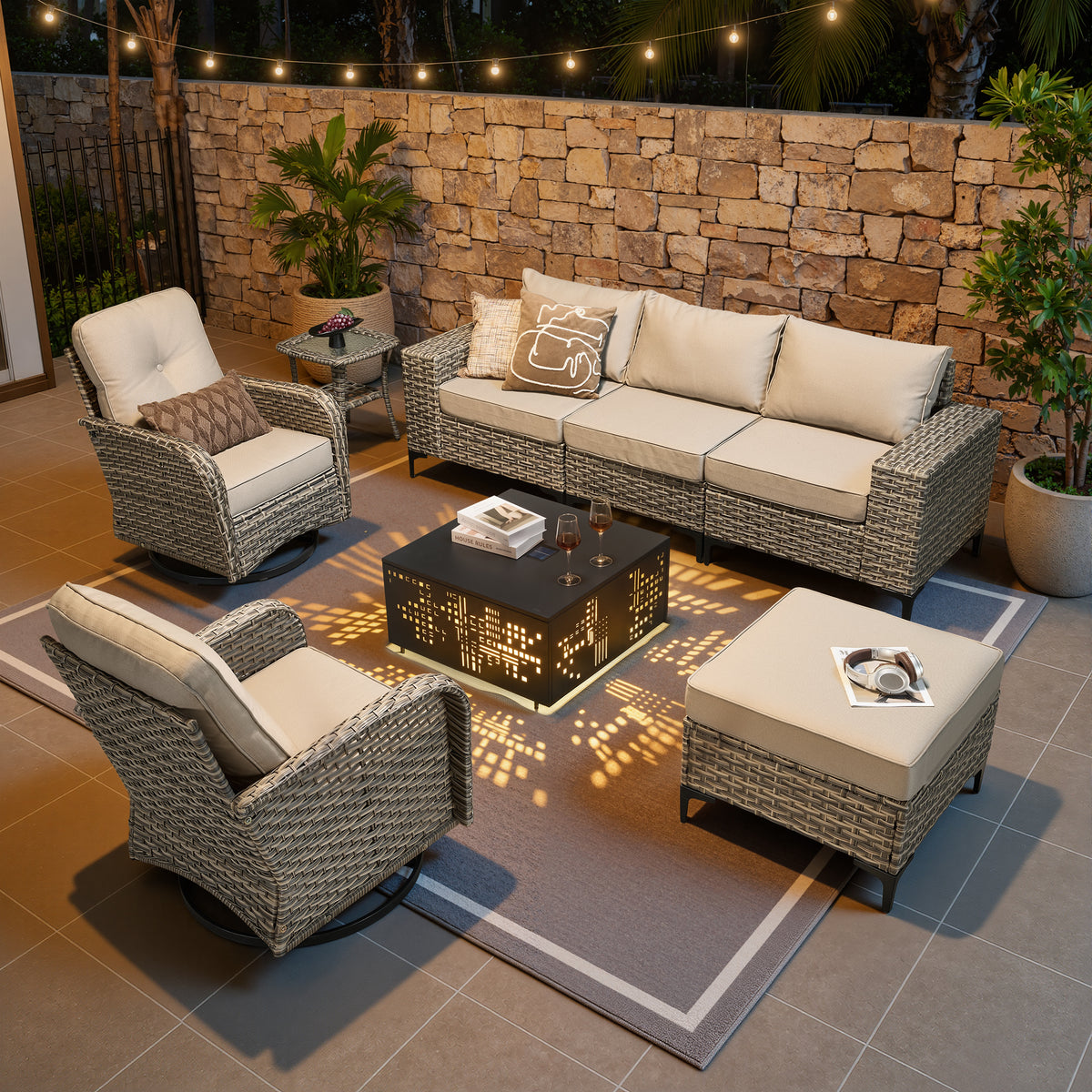 XIZZI Patio Furniture Sets Outdoor Sectional with Swivel Rocking Chairs, 8-Piece All Weather Wicker Outdoor Conversation Patio Sets with Wide Armrests, Beige
