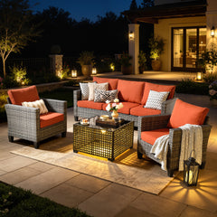 XIZZI Outdoor Patio Furniture Sets with Solar Coffee Table, All-Weather Wicker Rattan Outdoor Furniture Conversation Set for Porch, Patio, Backyard-Orange Red