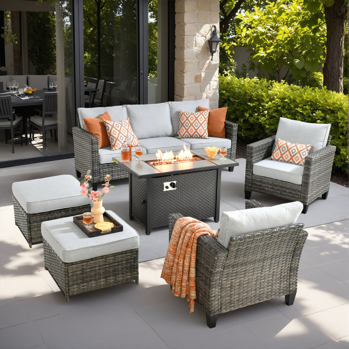 XIZZI Patio Furniture Set with Fire Pit And Ottoman, All-Weather Wicker Rattan Outdoor Conversation Set High Back Outdoor Furniture Sofa for Backyard, Gray