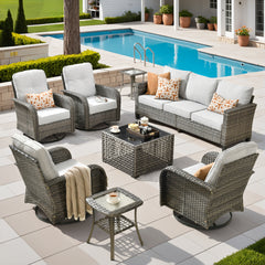 XIZZI 8-Piece Patio Furniture Set Outdoor Furniture with 4 Swivel Rocking Chairs, High-Back All-Weather Rattan Wicker Outdoor Conversation Set with Solar Light Coffee Table Light Gray