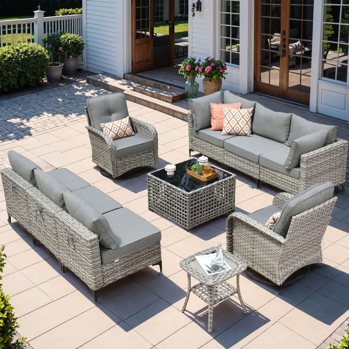 XIZZI 10 Pieces Wicker Patio Furniture with Swivel Rocking Chair Rattan Outdoor Conversation Set