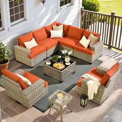 XIZZI Patio Furniture 9 Pieces All Weather Wicker Sectional Sofa Set Rattan Outdoor Conversation Set with Swivel Rocking Chairs for Garden, Orange Red