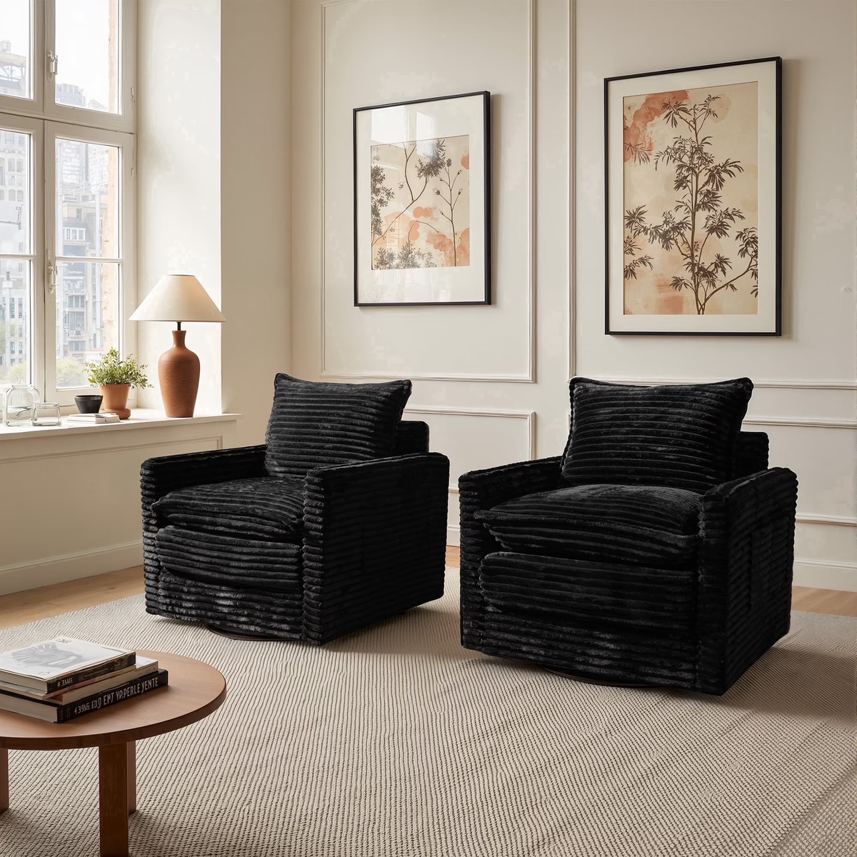 XIZZI Swivel Accent Chairs Set of 2 Corduroy 360°Swivel Armchair Reading Chair Black