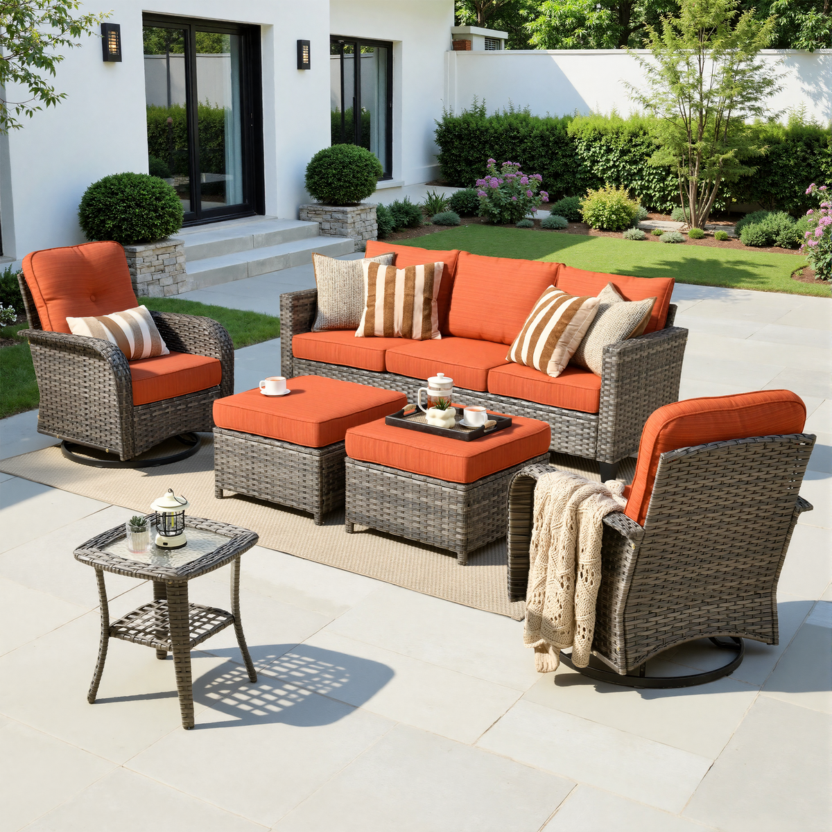 XIZZI 6-Pieces Wicker Patio Furniture Sets, Outdoor Furniture Sectional Sofa Orange Red