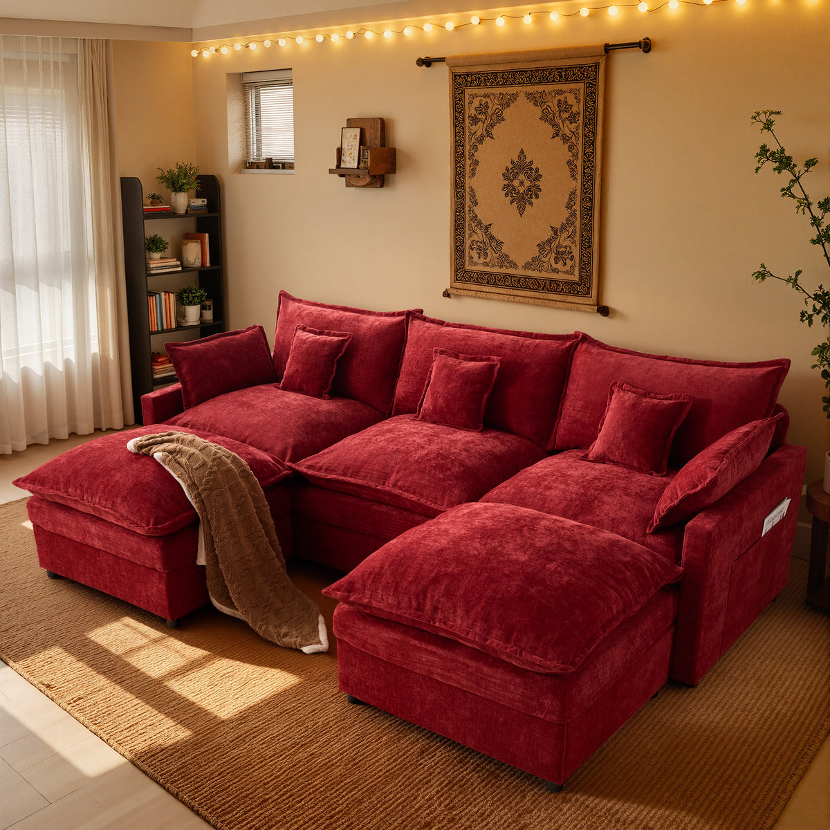 XIZZI 107.9" Modular Sectional Sofa Couch with Double Ottomans, Deep Seat Boneless Cloud Couch with Chenille Fabric, Dual Thick Cushions and Solid Wood Frame for Living Room-Red