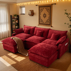XIZZI 107.9" Modular Sectional Sofa Couch with Double Ottomans, Deep Seat Boneless Cloud Couch with Chenille Fabric, Dual Thick Cushions and Solid Wood Frame for Living Room-Red