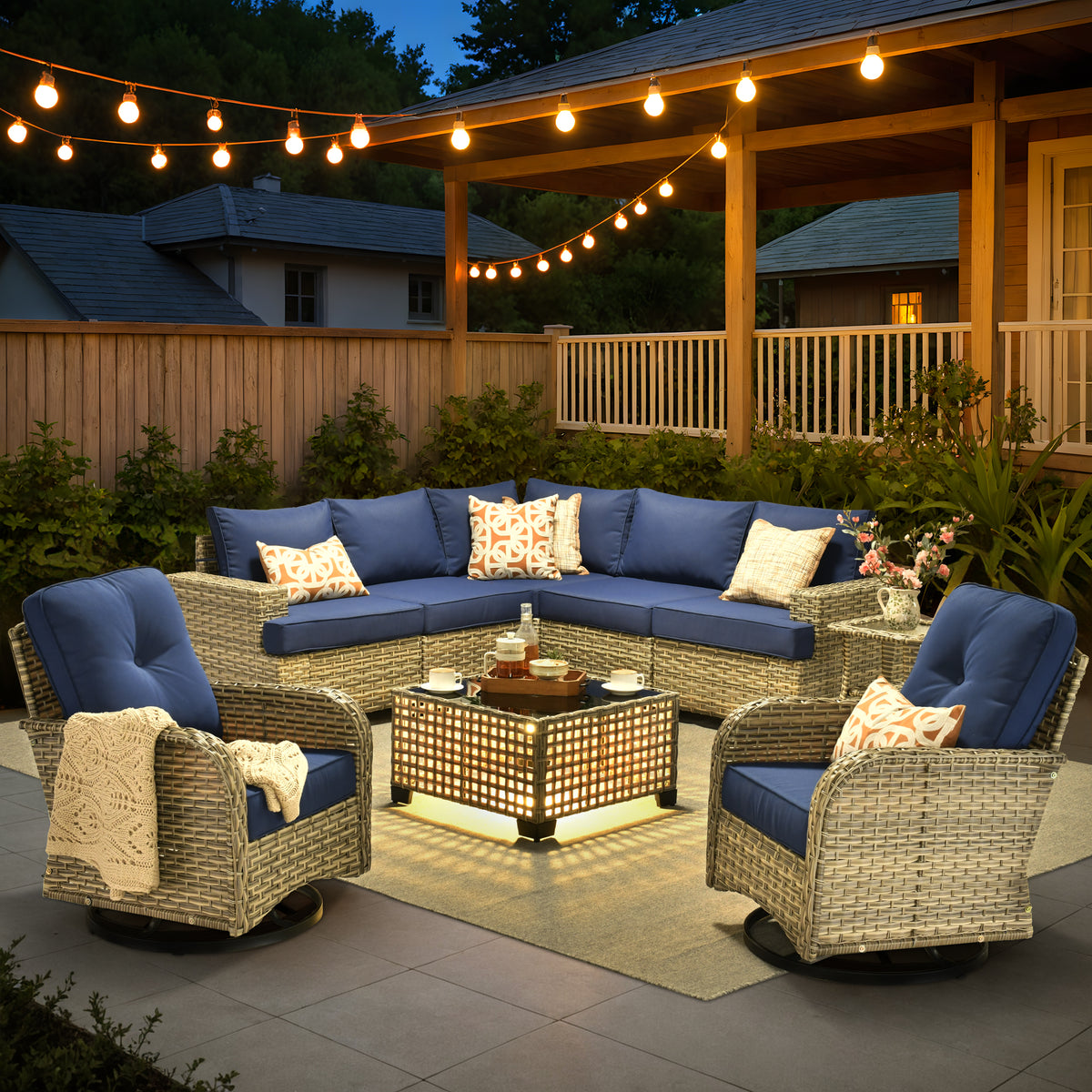 XIZZI 9-Piece Outdoor Patio Sectional Furniture Sets, Wicker Patio furniture with Coffee Table and Swivel Chairs, Navy Blue