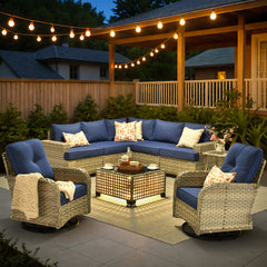 XIZZI 9-Piece Outdoor Patio Sectional Furniture Sets, Wicker Patio furniture with Coffee Table and Swivel Chairs, Navy Blue