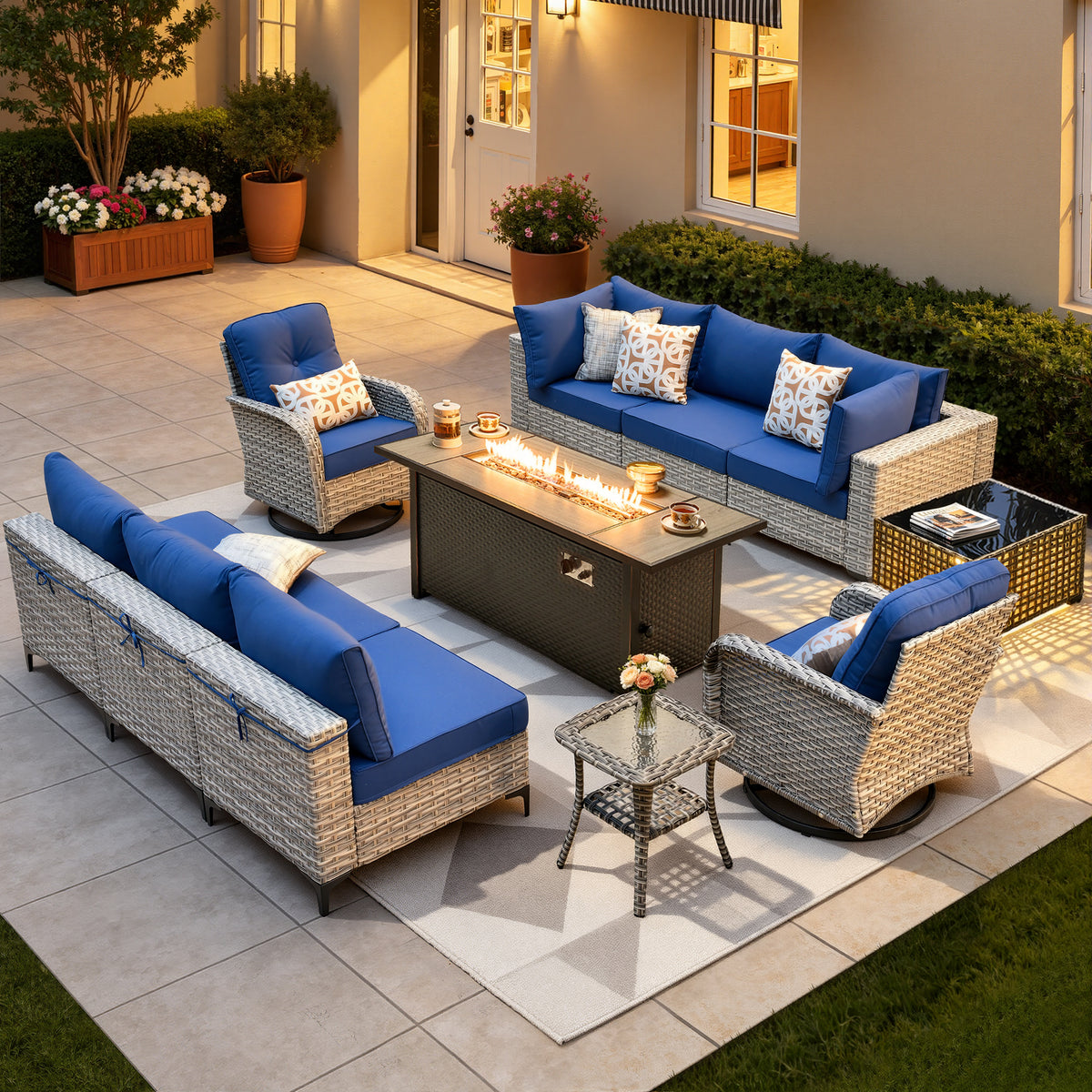 XIZZI 11 Pieces Outdoor Patio Furniture Set All-Weather Wicker Conversation Set Rattan Outside Sectional Sofa with Fire Pit Table & Swivel Rocking Chairs for Garden, Navy Blue