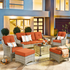 XIZZI 6 Pieces Outdoor Patio Rattan Wicker Furniture Sofa Set with Solar Coffee Table,Orange