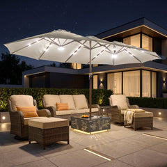 XIZZI 15ft Patio Umbrella with Base and Crank Handle, Extra Large Double-Sided Outdoor Umbrella with Warm Solar Lights, UV Resistant, Rectangle Garden Table Umbrellas Pure White