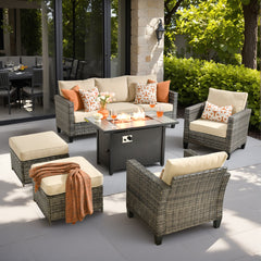 XIZZI Patio Furniture Set with Fire Pit And Ottoman, All-Weather Wicker Rattan Outdoor Conversation Set High Back Outdoor Furniture Sofa for Backyard, Beige