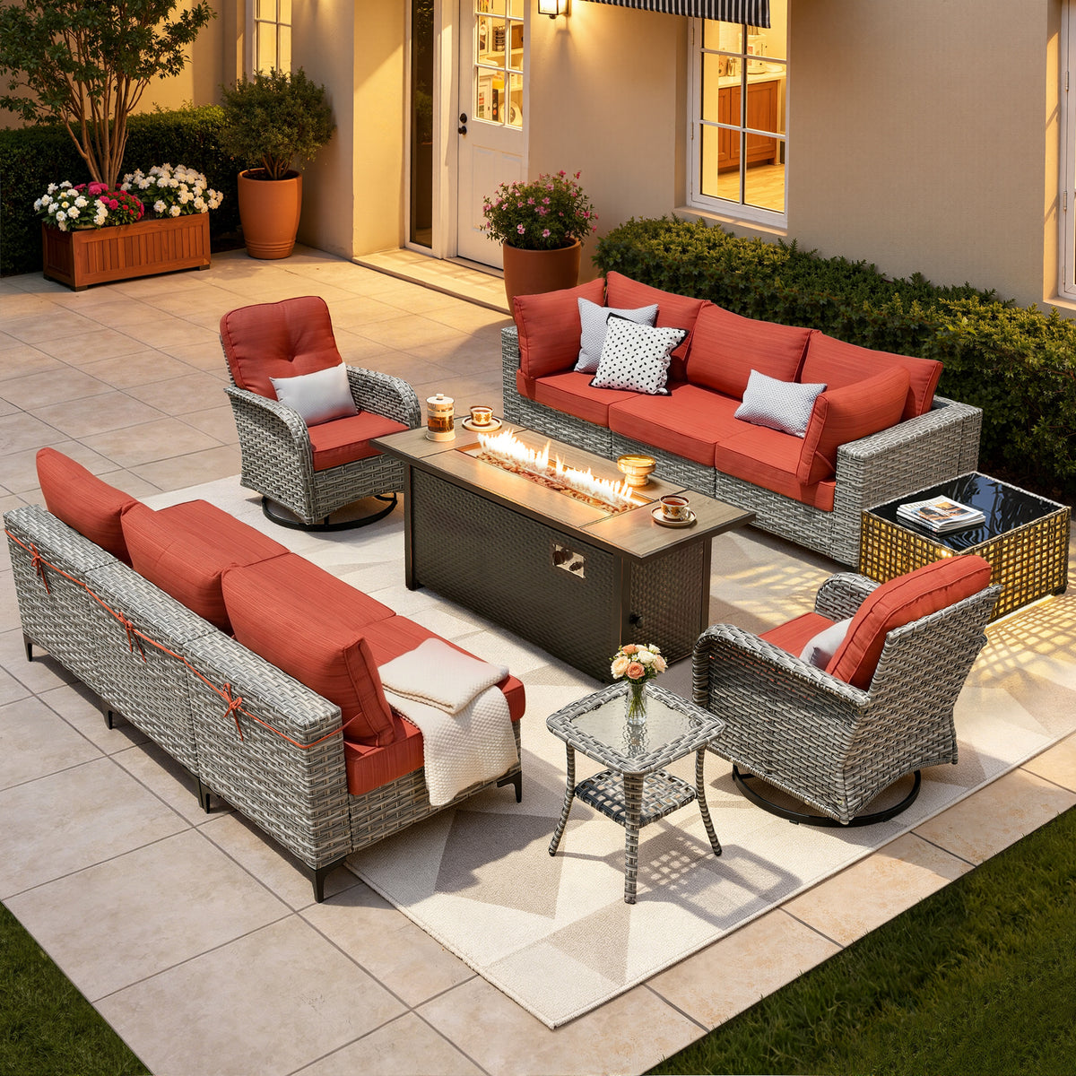 XIZZI 11 Pieces Outdoor Patio Furniture Set All-Weather Wicker Conversation Set Rattan Outside Sectional Sofa with Fire Pit Table & Swivel Rocking Chairs for Garden, Orange Red