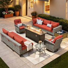 XIZZI 11 Pieces Outdoor Patio Furniture Set All-Weather Wicker Conversation Set Rattan Outside Sectional Sofa with Fire Pit Table & Swivel Rocking Chairs for Garden, Orange Red