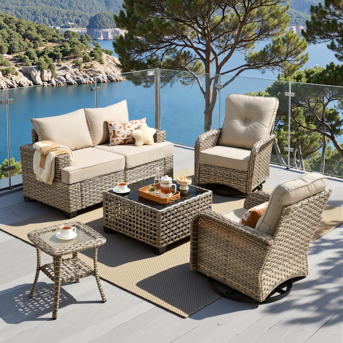 XIZZI Outdoor Patio Furniture Sets, 6 Pieces Outdoor Sectional wicker patio furniture with Coffee Table and Swivel Chairs, All-Weather Conversation set for Porch, Beige