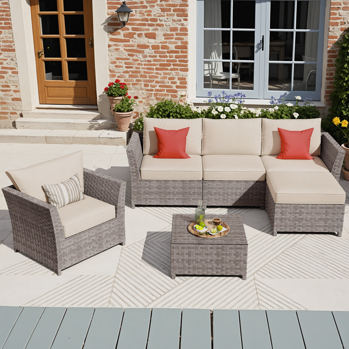XIZZI 6-Pieces Outdoor Patio Furniture Sets Fully Assembled, Beige Stripe Cushion