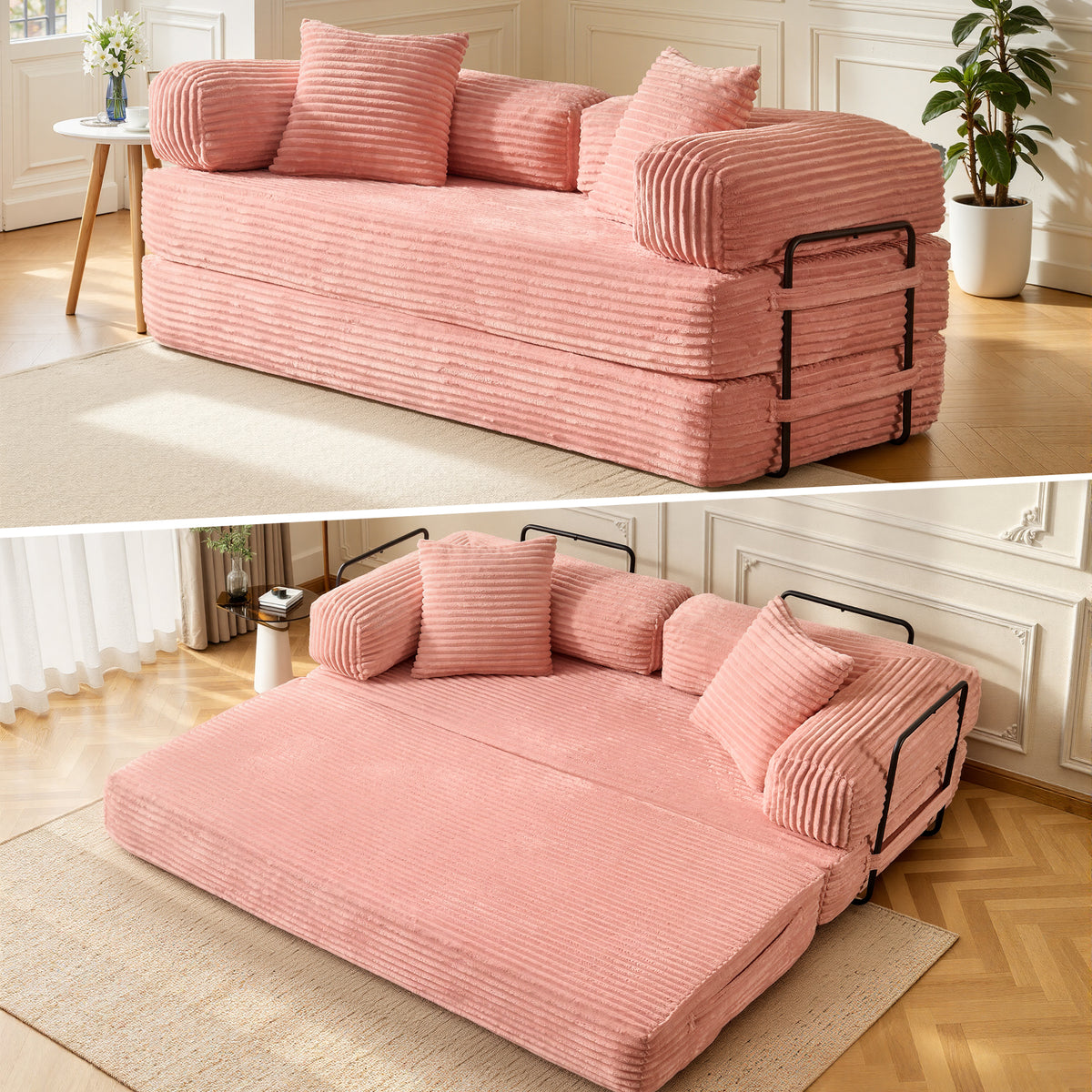 XIZZI 80.5" Convertible Sleeper Sofa Bed, Cloud Boneless Couch with Plush Corduroy Fabric, Sprung Support,Oversize Three Seats Combination Sofa for Living Room Bedroom, Pink
