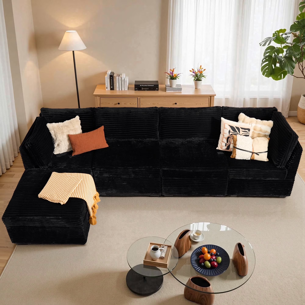 XIZZI 130.2" Modular Sectional Sofa,Oversized Cloud Couch with Deep Seat,4 Seat,Black