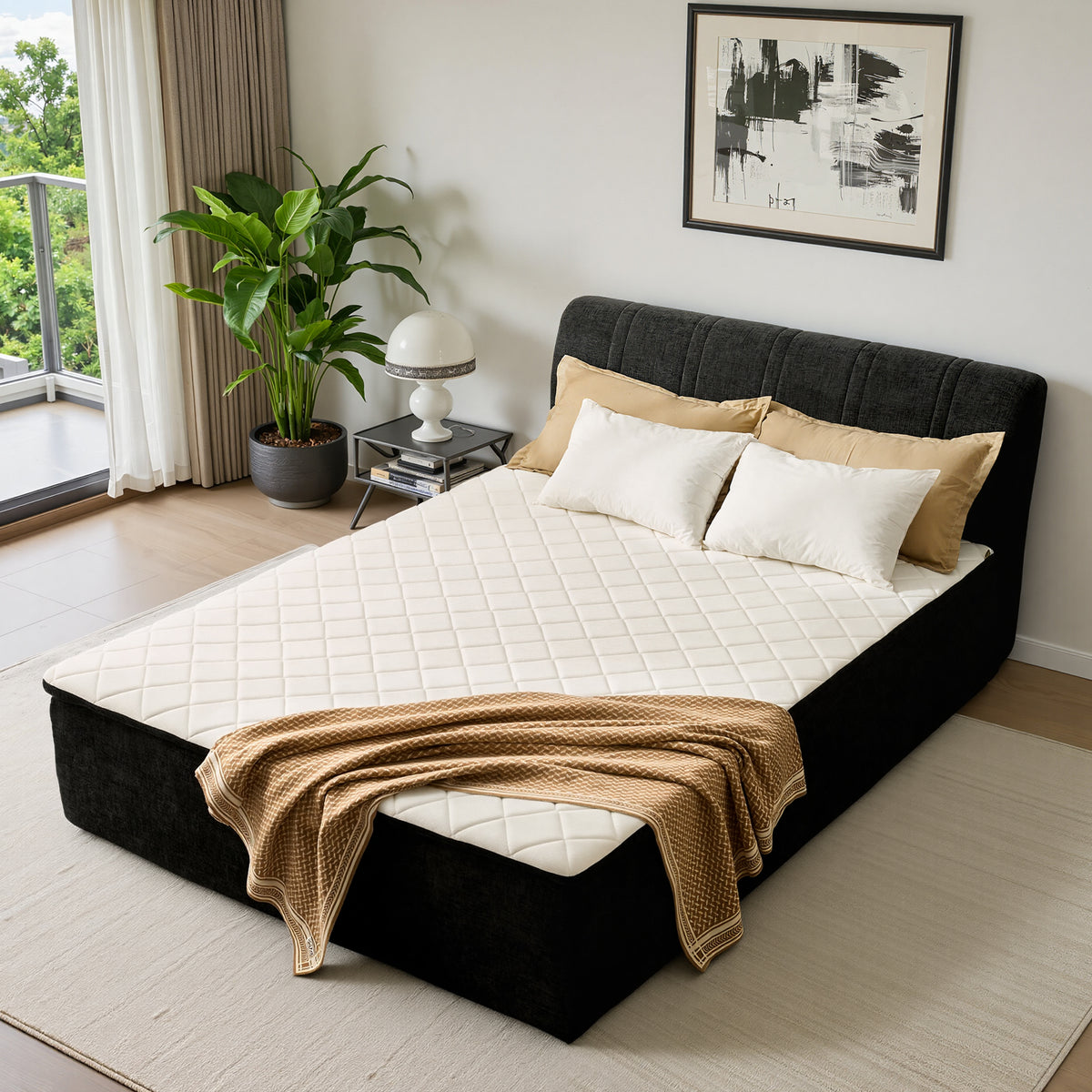 XIZZI Queen Size Cloud Bed,2-in-1 Beds Integrated Bed Frame with Mattress, Luxurious Chenille Fabric, Noise-Free Mattress for Deep Sleep, No Assembly Black