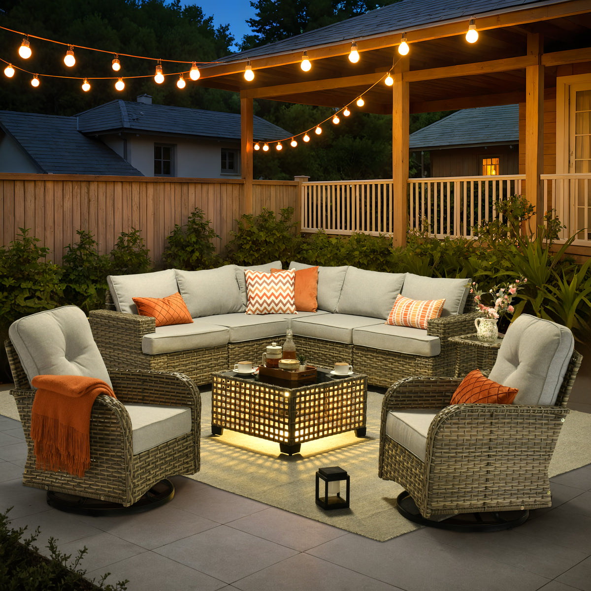 XIZZI 9-Piece Outdoor Patio Sectional Furniture Sets, Wicker Patio furniture with Coffee Table and Swivel Chairs, Gray