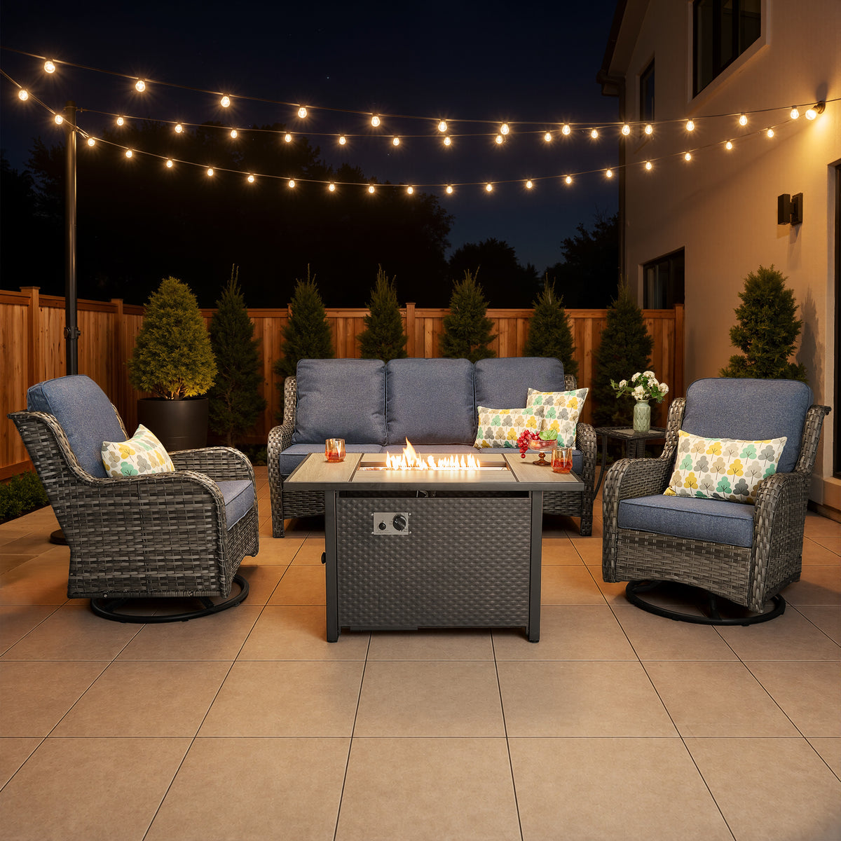 XIZZI 5-Piece Patio Furniture Sets Outdoor Furniture with Fire Pit Table and Swivel Rocking Chairs, High Back All-Weather PE Wicker Outdoor Conversation Set, 5-seater Denim Blue