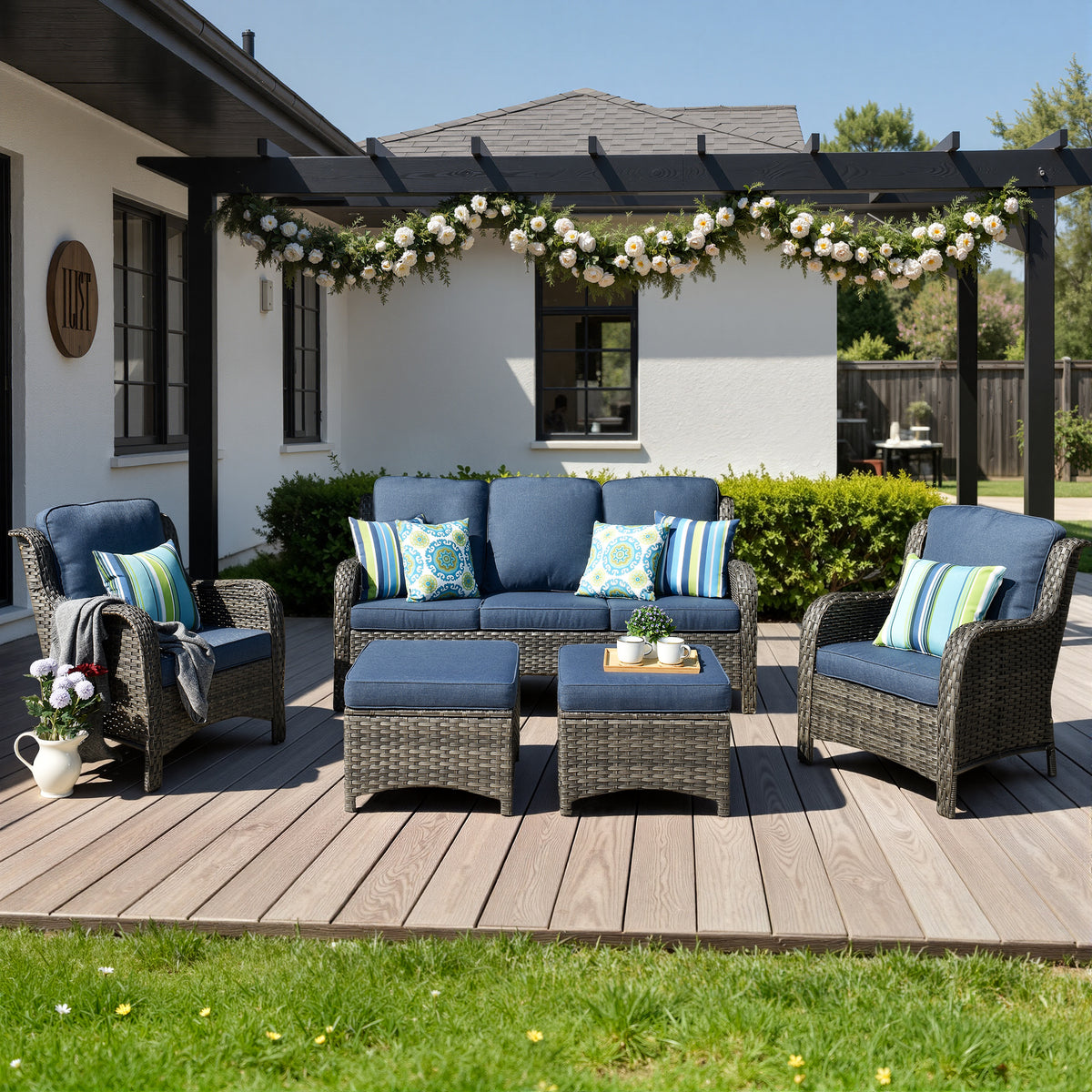 XIZZI 5-Piece Patio Furniture Sets Outdoor Furniture with Ottomans, High Back All-Weather PE Wicker Outdoor Conversation Set, 5-seater Denim Blue