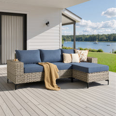 XIZZI Patio Furniture Sets Outdoor Sectional with Ottoman, 4-Piece All Weather Wicker Outdoor Conversation Patio Sets with Wide Armrests, Denim Blue