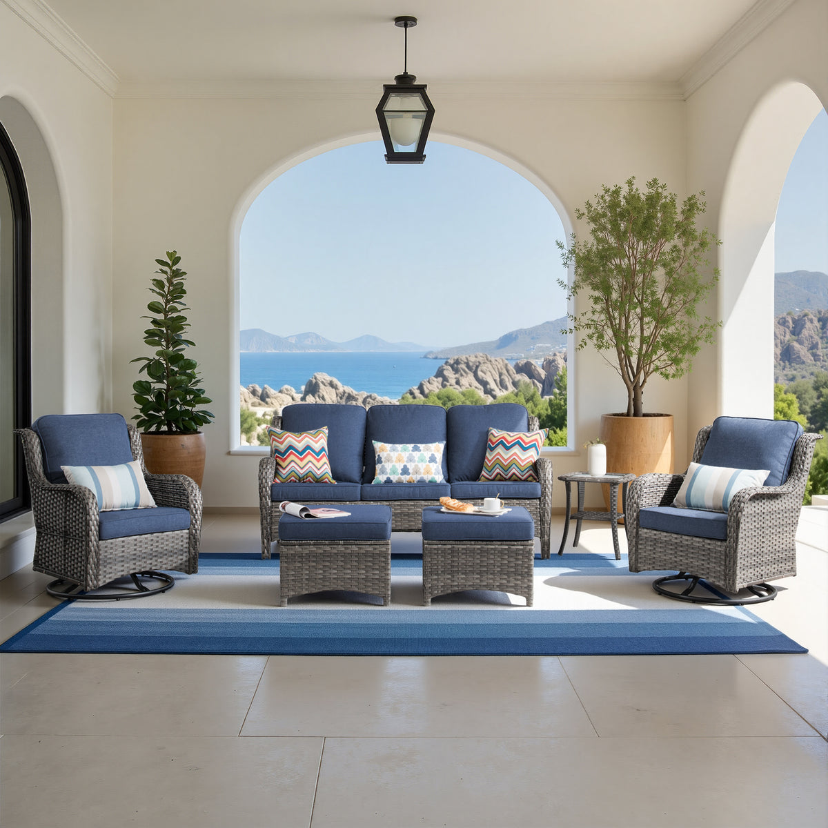XIZZI 6-Piece Patio Furniture Sets Outdoor Furniture with Swivel Rocking Chairs and Ottomans, High Back All-Weather PE Wicker Outdoor Conversation Set, 5-seater Denim Blue