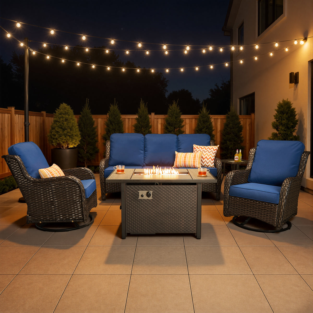 XIZZI 5-Piece Patio Furniture Sets Outdoor Furniture with Ottomans, High Back All-Weather PE Wicker Outdoor Conversation Set, 5-seater Navy Blue