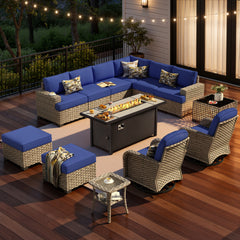 XIZZI 13-Piece Outdoor Patio Furniture Sets with Fire Pit Table Swivel Rocking Chairs, Wicker Outdoor Sectional Conversation Sets with Ottoman & Solar Coffee Table for Large Villa Manor, Navy Blue