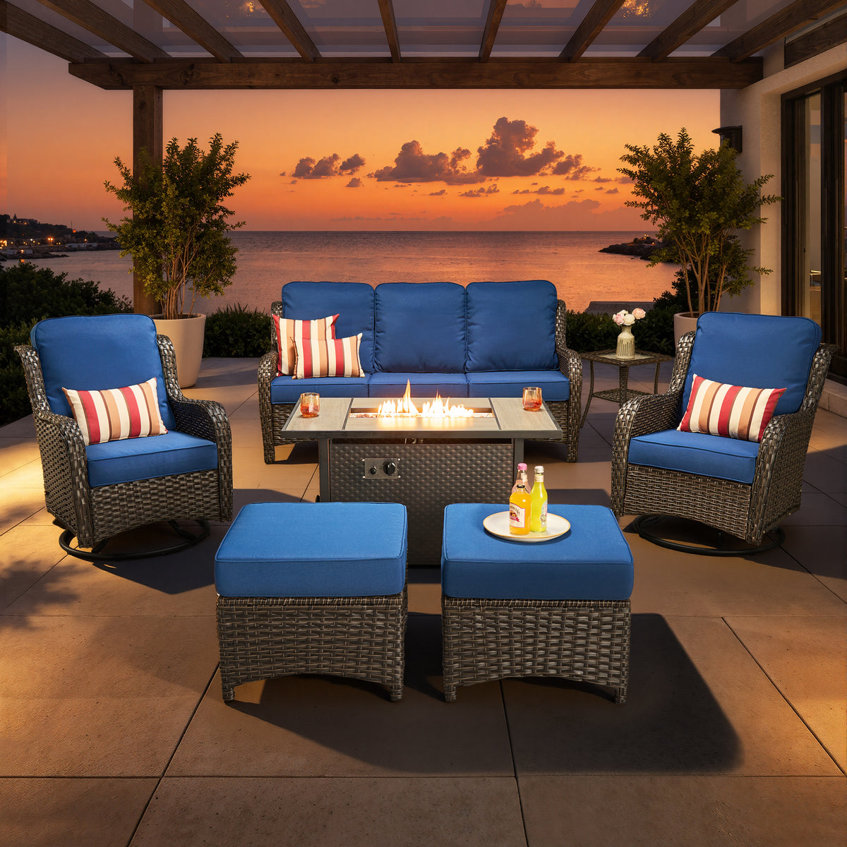 XIZZI 7-Piece Patio Furniture Sets Outdoor Furniture with Fire Pit Table and Swivel Rocking Chairs, High Back All-Weather PE Wicker Outdoor Conversation Set-Navy Blue