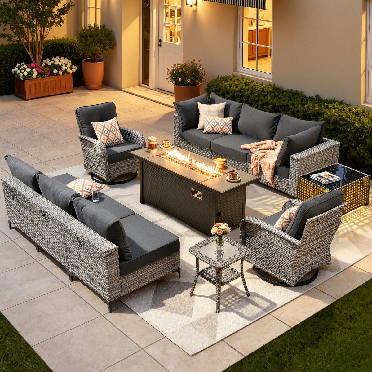 XIZZI 11 Pieces Outdoor Patio Furniture Set All-Weather Wicker Conversation Set Rattan Outside Sectional Sofa with Fire Pit Table & Swivel Rocking Chairs for Garden, Black