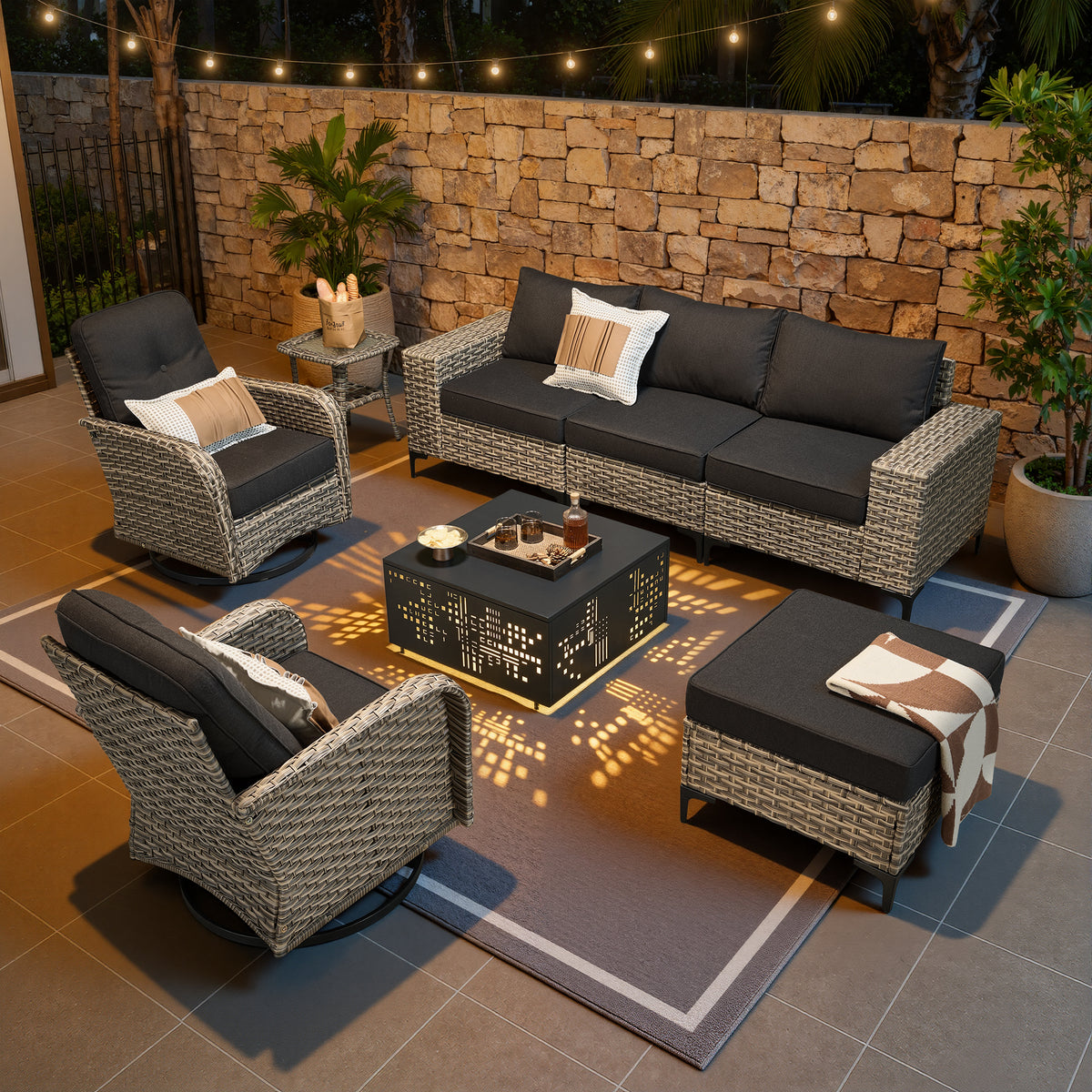 XIZZI Patio Furniture Sets Outdoor Sectional with Swivel Rocking Chairs, 8-Piece All Weather Wicker Outdoor Conversation Patio Sets with Wide Armrests, Black
