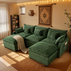 XIZZI 107.9" Modular Sectional Sofa Couch with Double Ottomans, Deep Seat Boneless Cloud Couch with Chenille Fabric, Dual Thick Cushions and Solid Wood Frame for Living Room-Green
