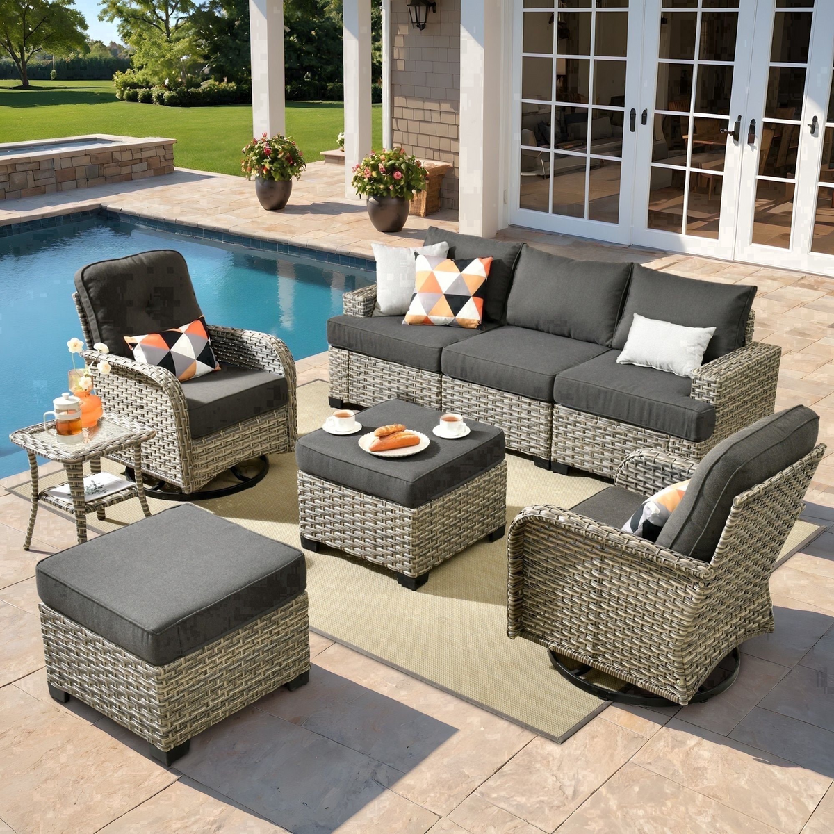 XIZZI 8-Piece Outdoor Patio Sectional Furniture Sets, Wicker Patio furniture with Swivel Chairs, Waterproof Outdoor Conversation Set for Backyard, Black