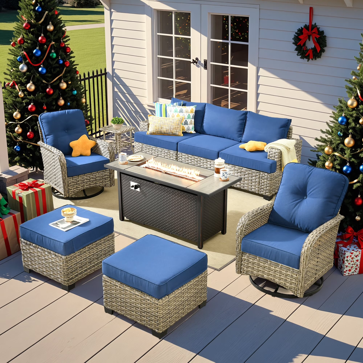 XIZZI Wicker Patio Furniture 9 Pieces Rattan Outdoor Conversation Set Navy Blue