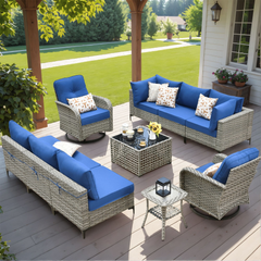 XIZZI 10 Pieces Wicker Patio Furniture with Swivel Rocking Chair Rattan Outdoor Conversation Set  Blue