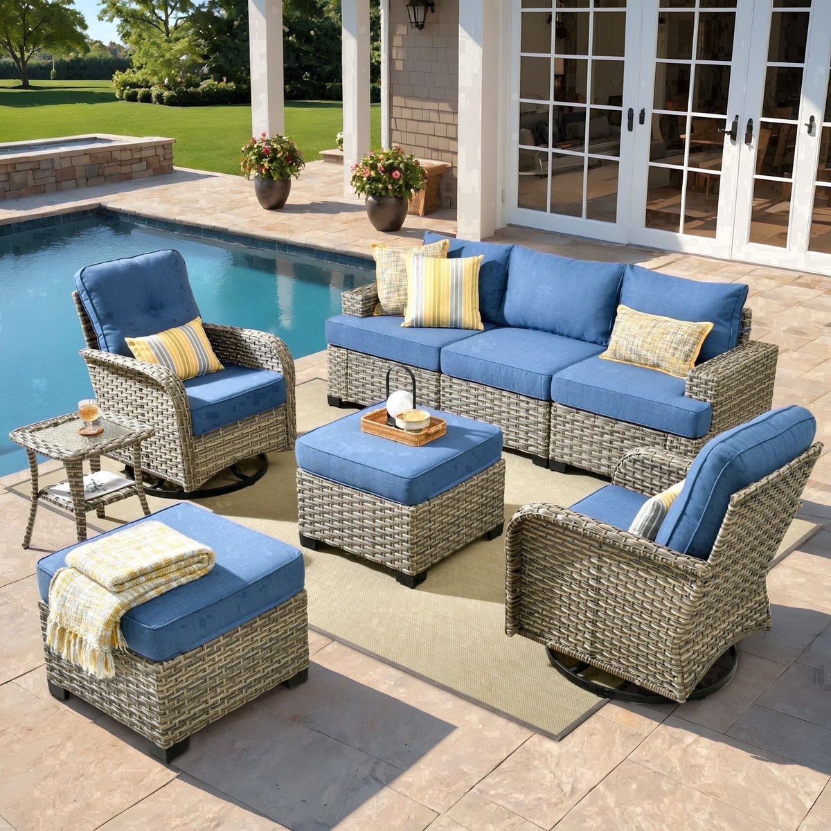 XIZZI 8-Piece Outdoor Patio Sectional Furniture Sets, Wicker Patio furniture with Swivel Chairs, Waterproof Outdoor Conversation Set for Balcony, Porch, Backyard, Denim Blue