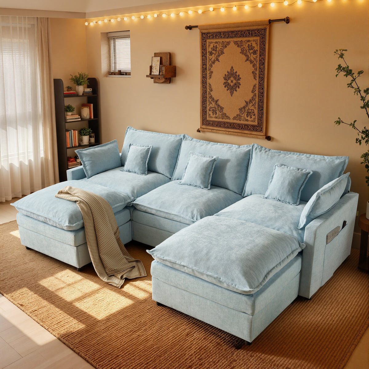 XIZZI 107.9" Modular Sectional Sofa Couch with Double Ottomans, Deep Seat Boneless Cloud Couch with Chenille Fabric, Dual Thick Cushions and Solid Wood Frame for Living Room-Sky Blue