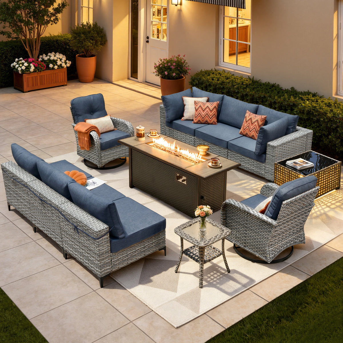 XIZZI 11 Pieces Outdoor Patio Furniture Set All-Weather Wicker Conversation Set Rattan Outside Sectional Sofa with Fire Pit Table & Swivel Rocking Chairs for Garden, Diamond Blue
