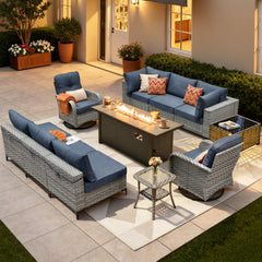 XIZZI 11 Pieces Outdoor Patio Furniture Set All-Weather Wicker Conversation Set Rattan Outside Sectional Sofa with Fire Pit Table & Swivel Rocking Chairs for Garden, Diamond Blue