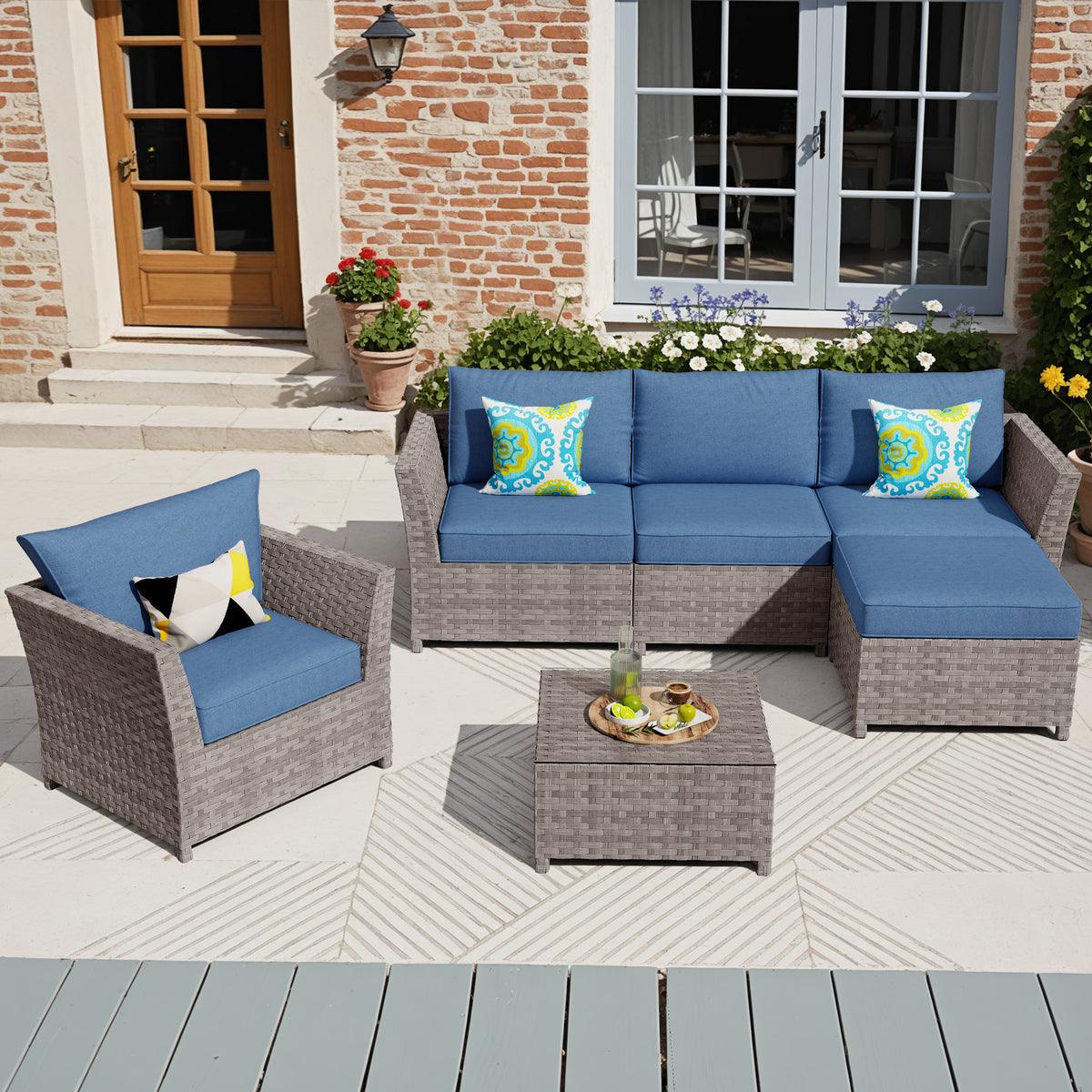 XIZZI 6-Pieces Outdoor Patio Furniture Sets Fully Assembled,Bright Blue Cushion